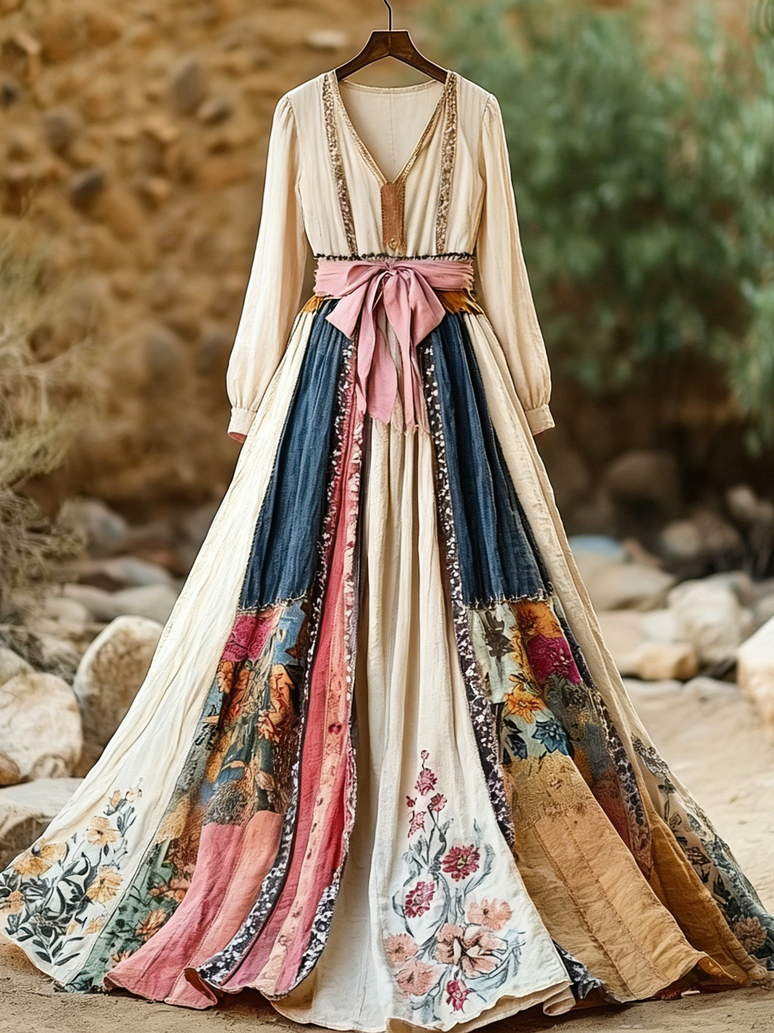 Women's Retro Bohemian Floral Casual V-neck Long-sleeved Dress (belt Not Included)