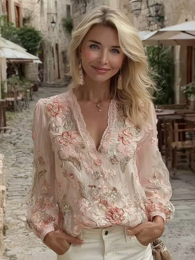 Women's Floral Embroidery Linen V-neck T-shirt