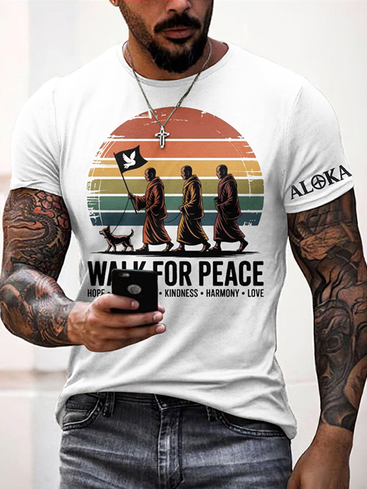 Men's Walk For Peace Monks With Aloka Dog Print Short Sleeve T-shirt