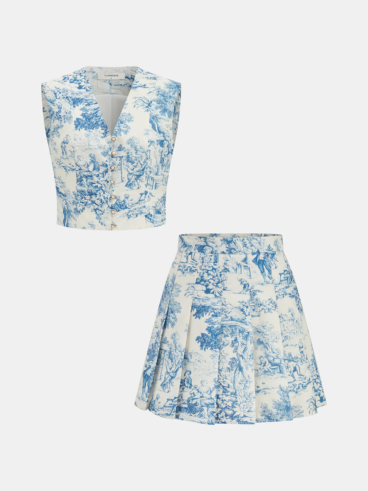 Toile Print Vest & Pleated Skirt Set