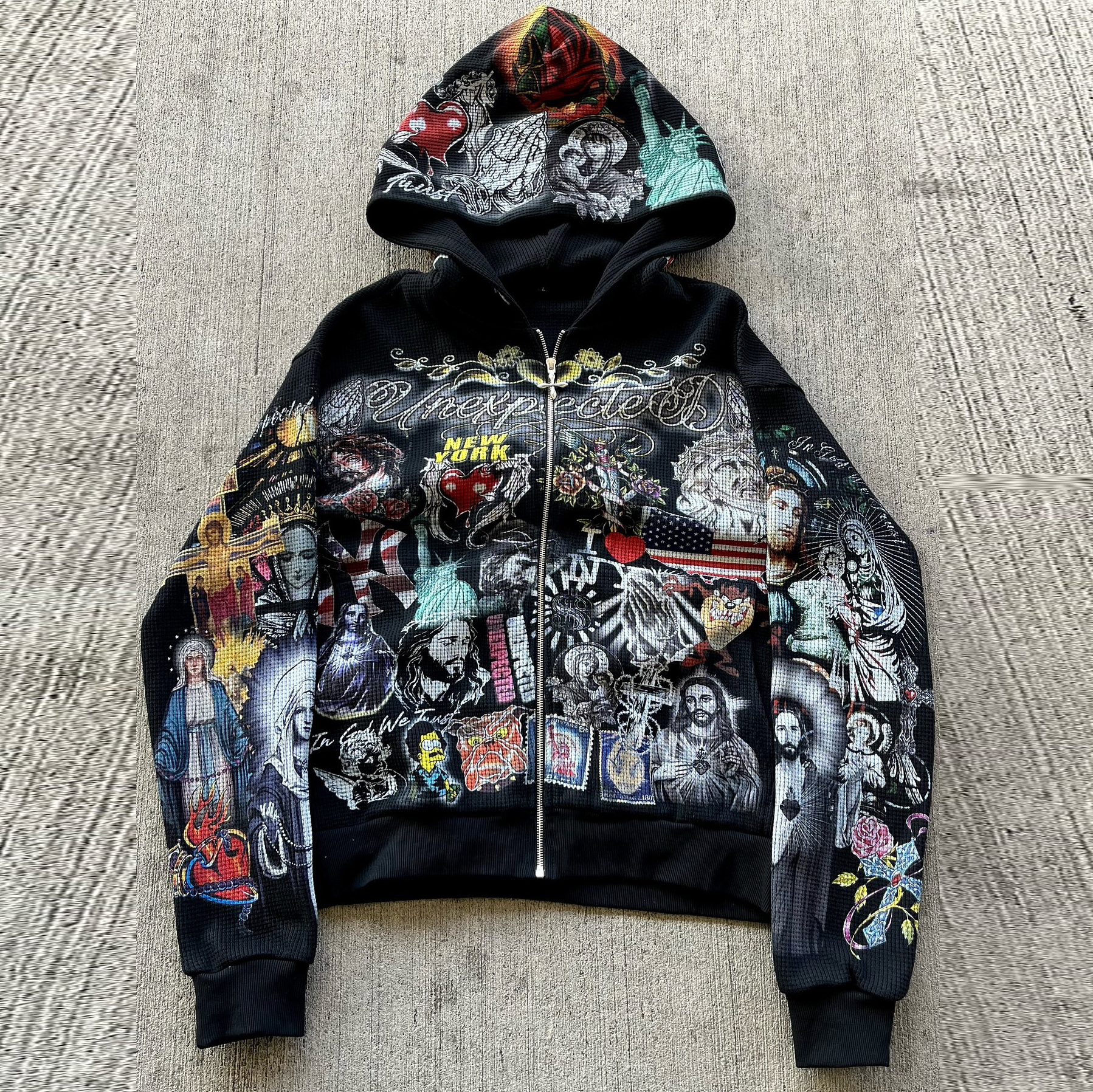 Jesus Religious Graphic Zip-Up Waffle Hoodie