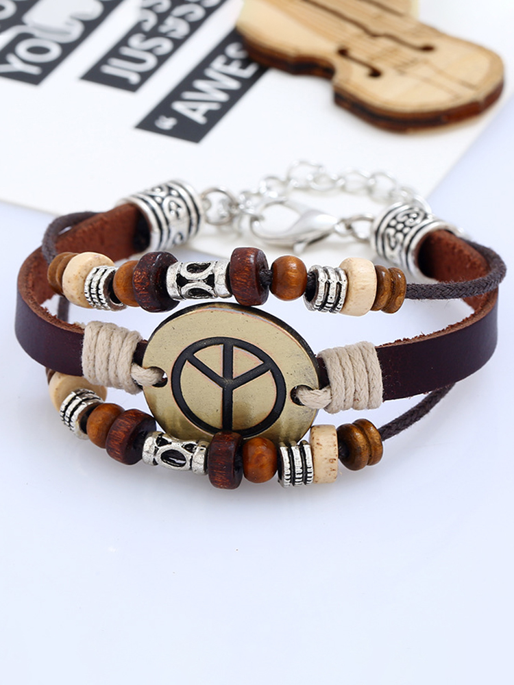 Handmade Beaded Cowhide Bracelet Alloy Peace Bracelet