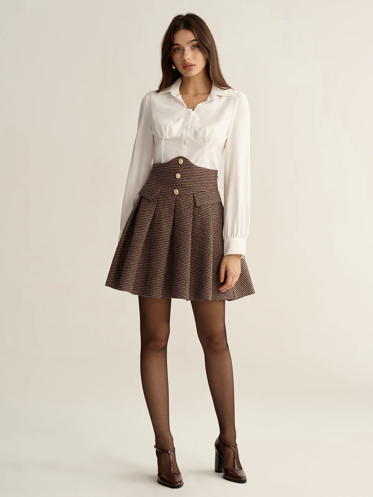Houndstooth High-Waisted Pleated Mini Skirt