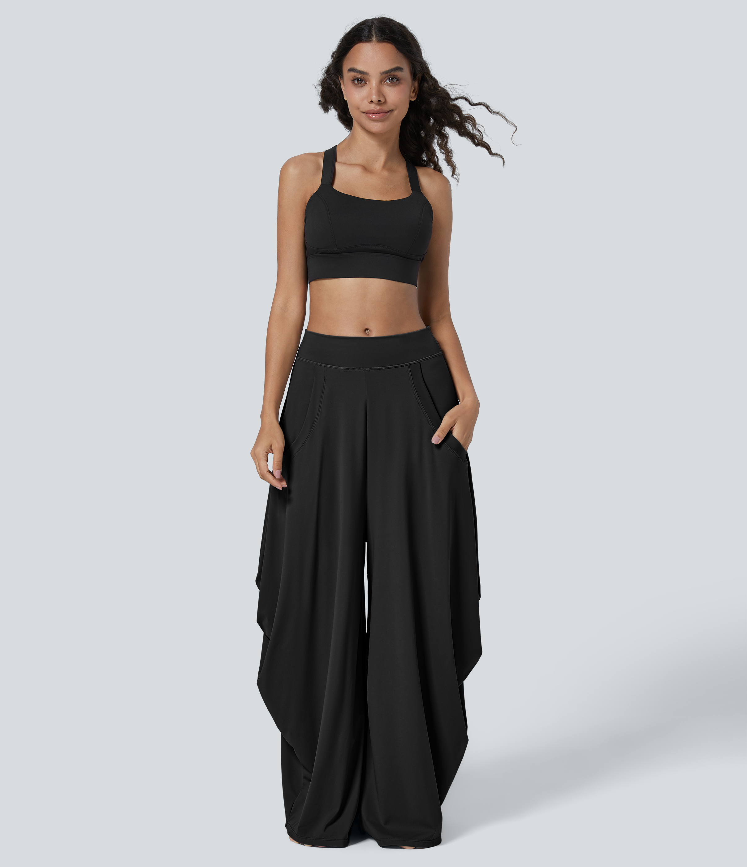 Mid Rise Pockets Draped Wide Leg Casual Pants