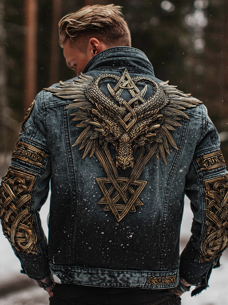 Men's Vintage Viking Dragon Art Washed Denim Jacket