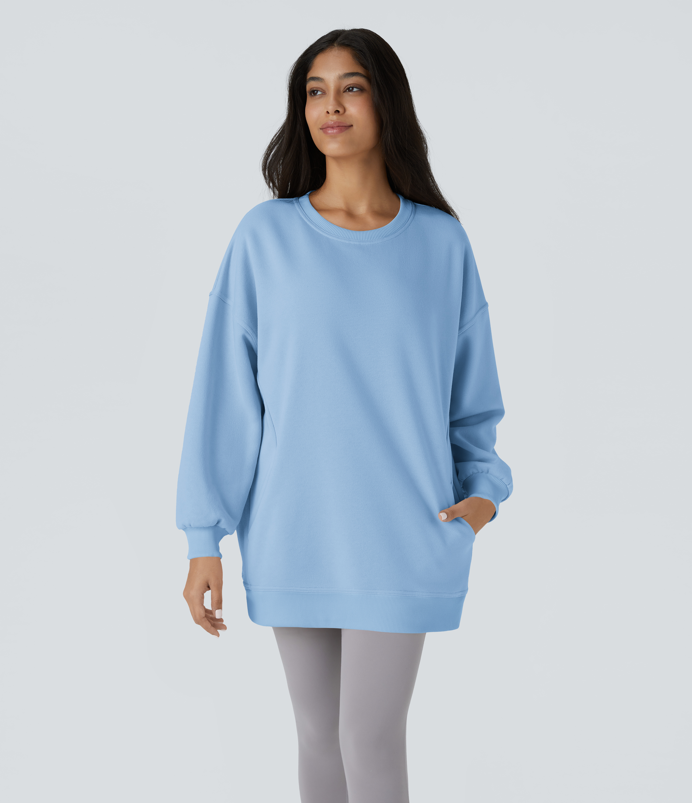 Round Neck Long Sleeve Pocket Oversize Fleece Casual Sweatshirt
