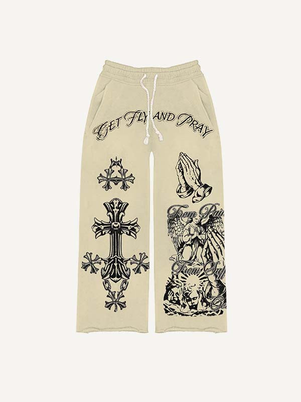 Angel&Pray&Cross&Letter&Pigeon&Graphic Print Elastic Waist Pants