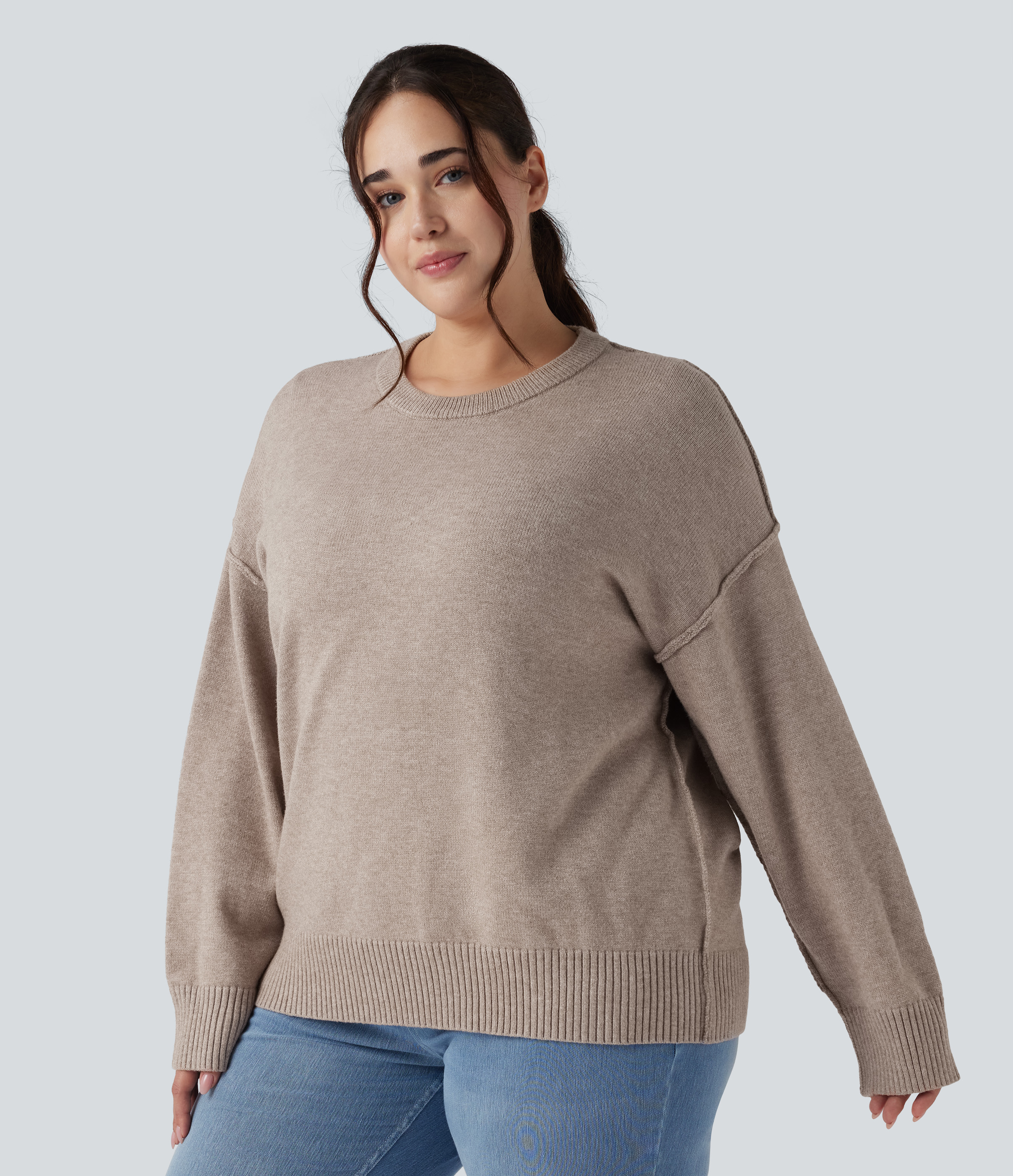 Round Neck Dropped Shoulder Long Sleeve Casual Plus Size Sweater