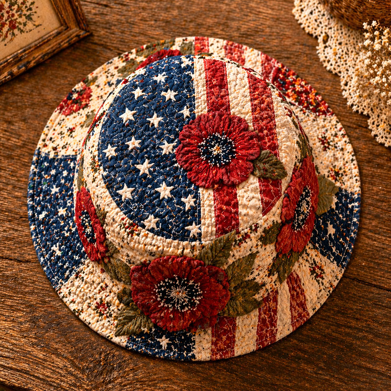 USA Flag Poppy Flower Quilted Bucket Hat