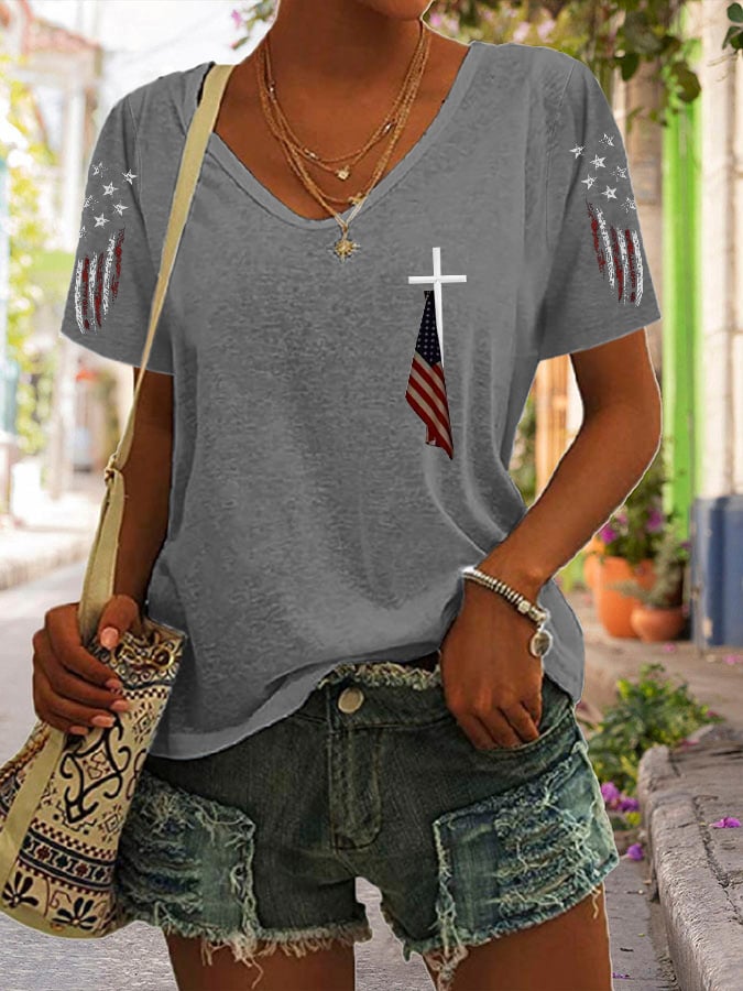 Women's Cross Flag Print Casual T-shirt