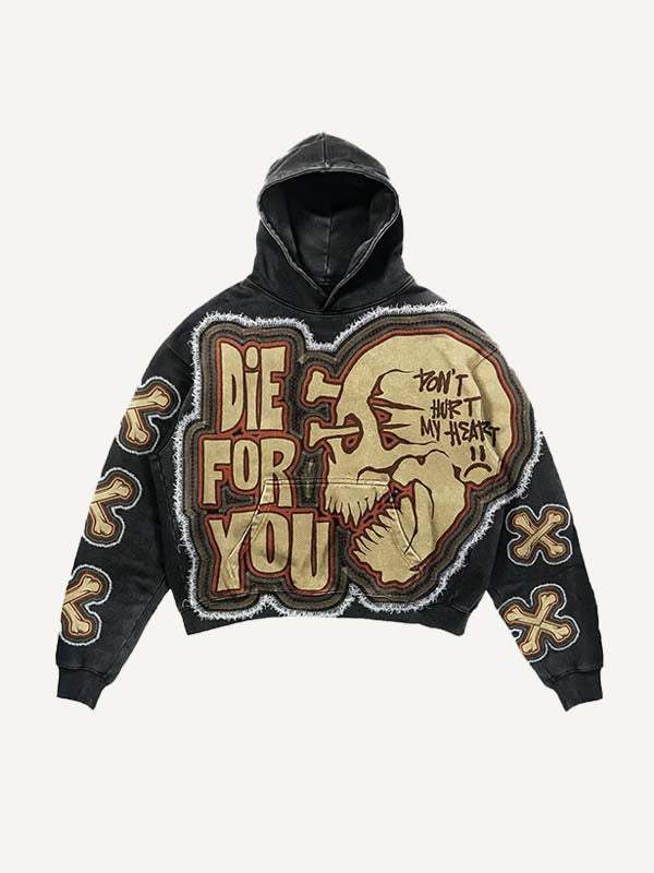 Die For You Skull&Cross Faux Decal Print Slant Pockets Hoodie