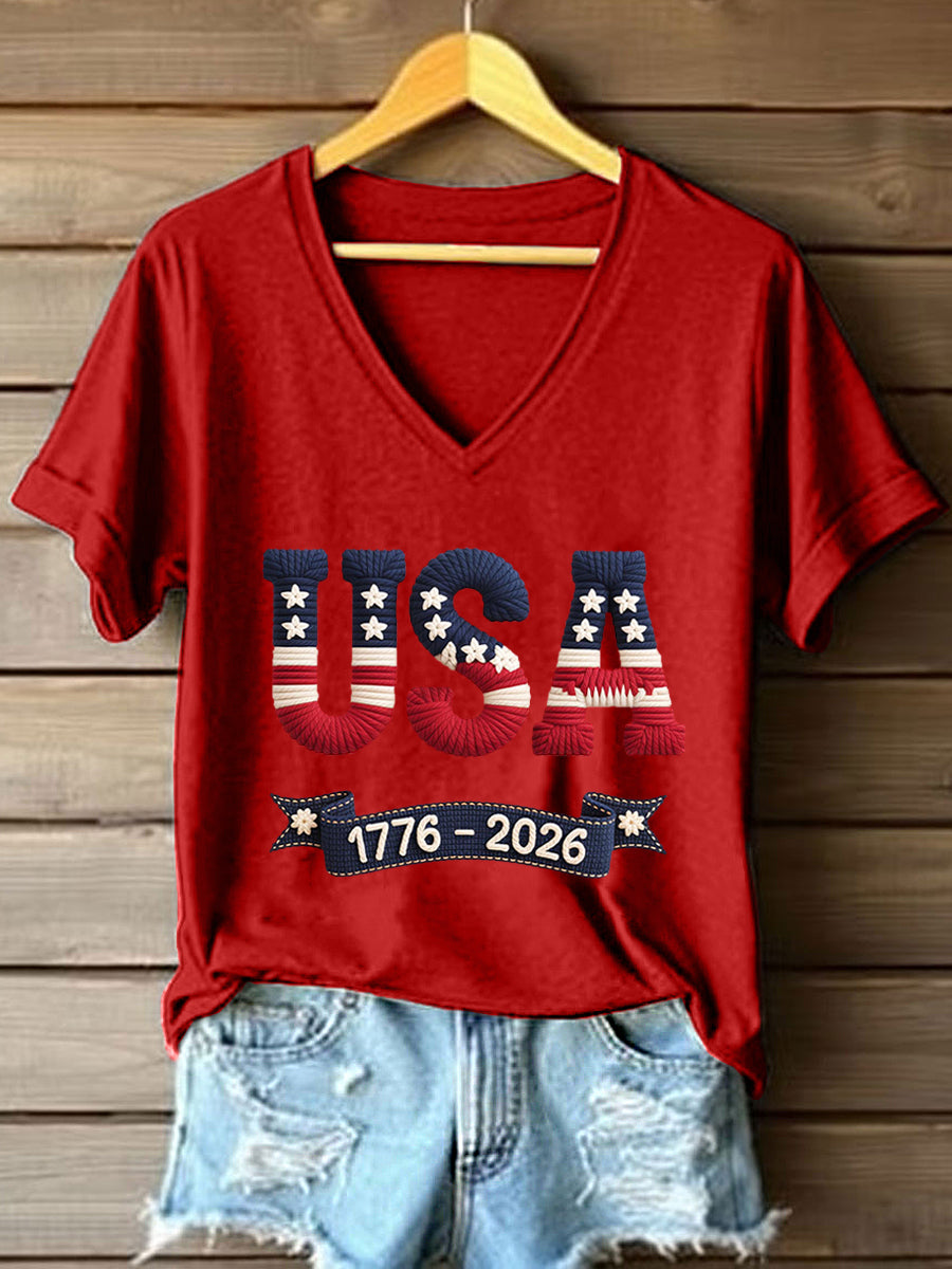 Women's USA 1776-2026 Print V-Neck T-Shirt