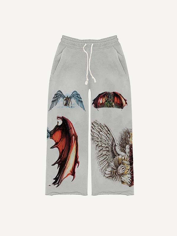 Half Angel Half Demon&Wing Print Elastic Waist Pants