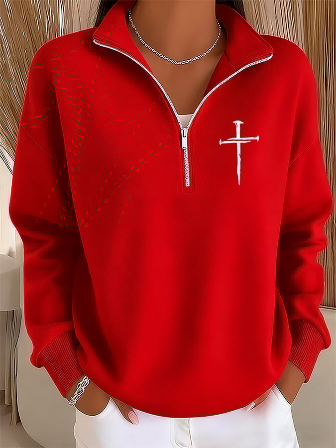 Women's Retro Faith Cross Design Printed Zipper Stand Collar Sweatshirt
