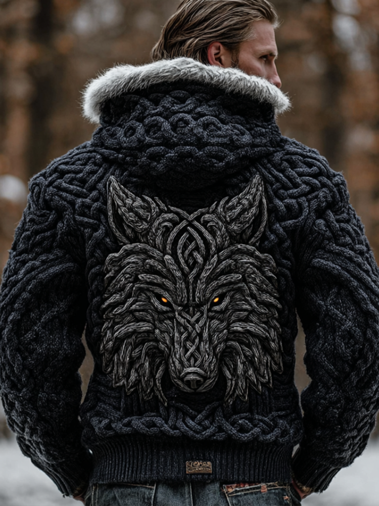 Viking Retro Style Wolf Element Winter Warm Knitted Sweater Jacket