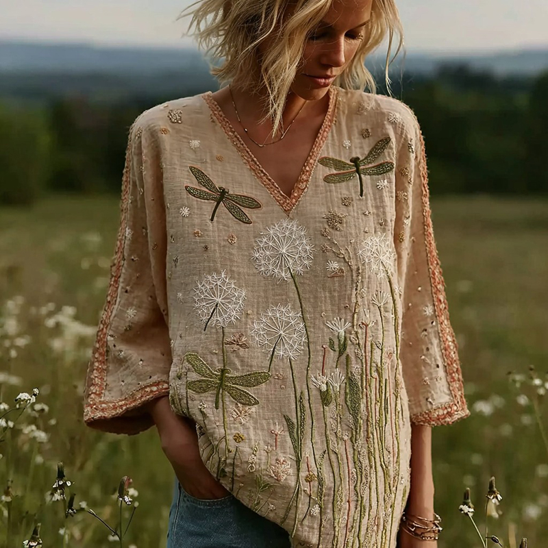 Women's Vintage Dragonfly And Dandelion Pattern Linen V-neck Shirt