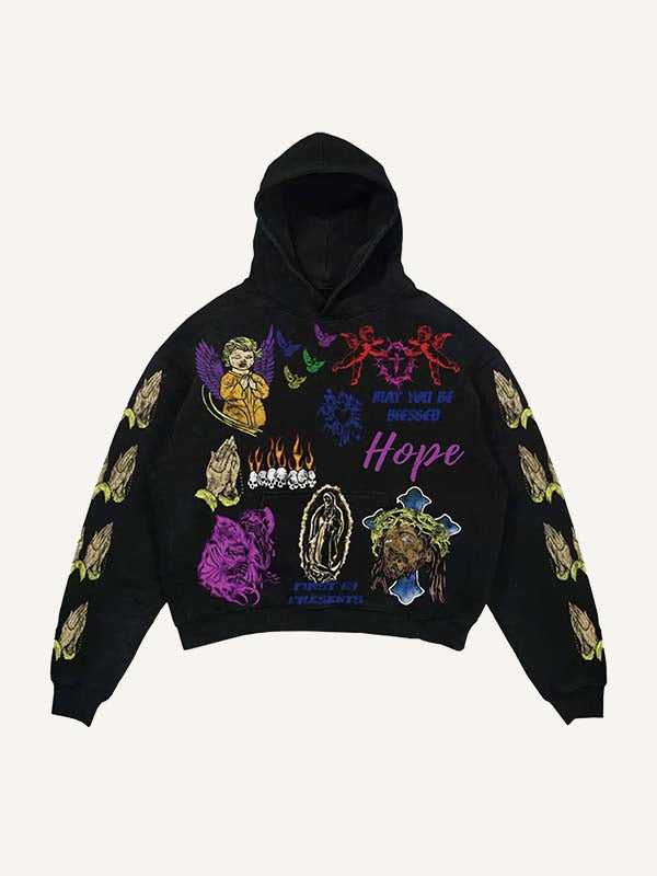 Angel&Pray&Figure&Letter&Graphic Print Slant Pockets Hoodie