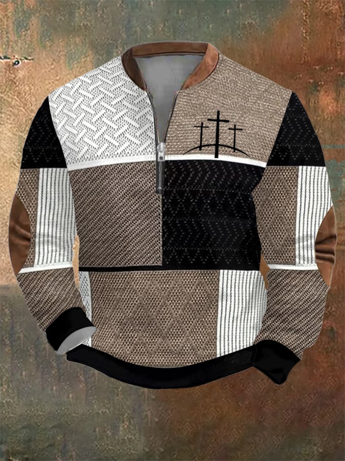 Men's Retro Western Textured Faith Cross Print Zipper Neck Sweatshirt