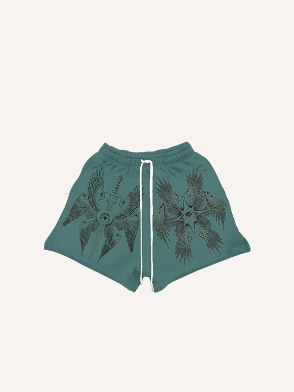 Wing&Eye&Graphic&Sword Print Drawstring Waist Shorts