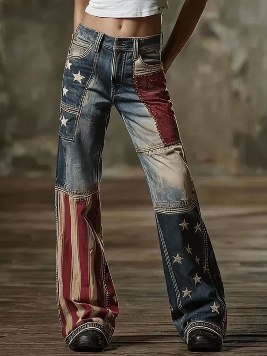 Women's American Flag Inspired Print Vintage Jeans