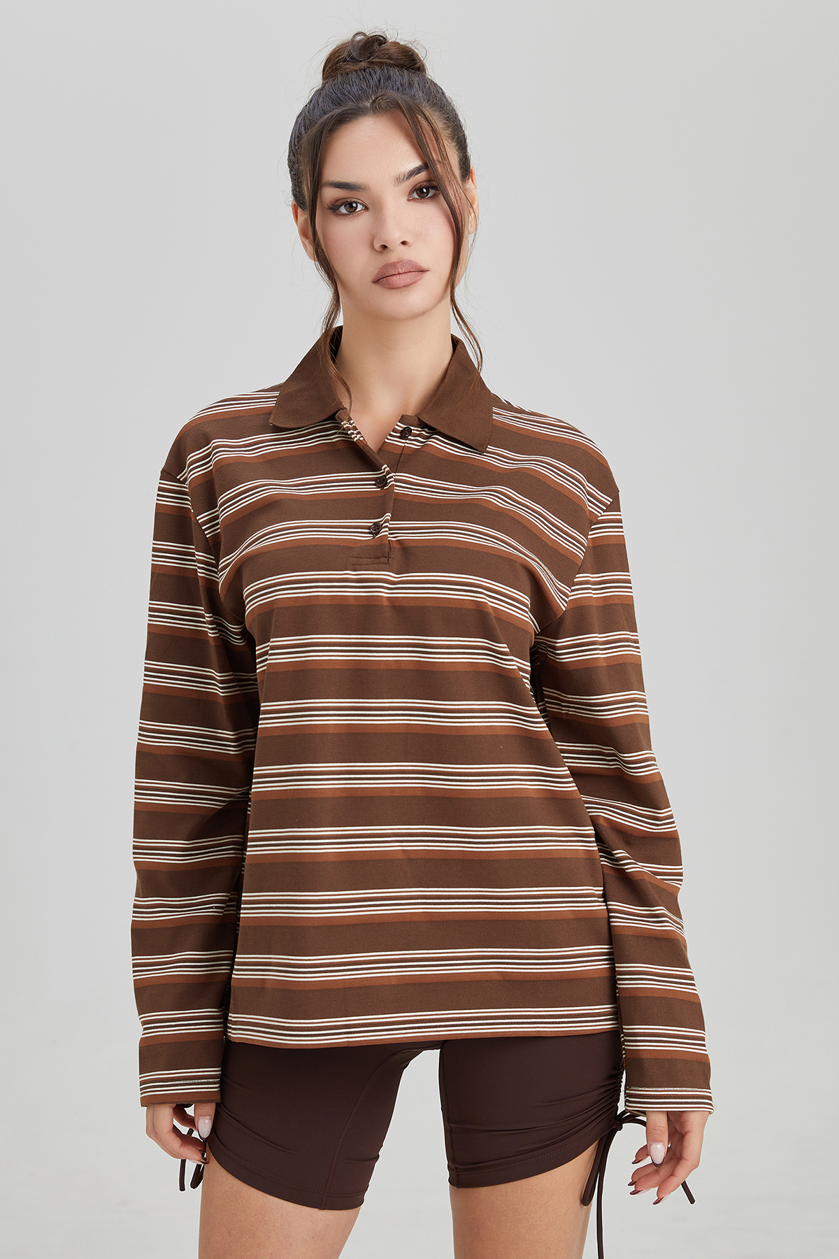 KatchMe Comfort Contrast Stripe Partial Button Loose Long Sleeve Polo Top