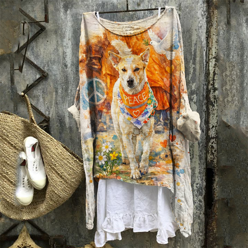 Walk For Peace Aloka Dog Watercolor Art Linen Tunic