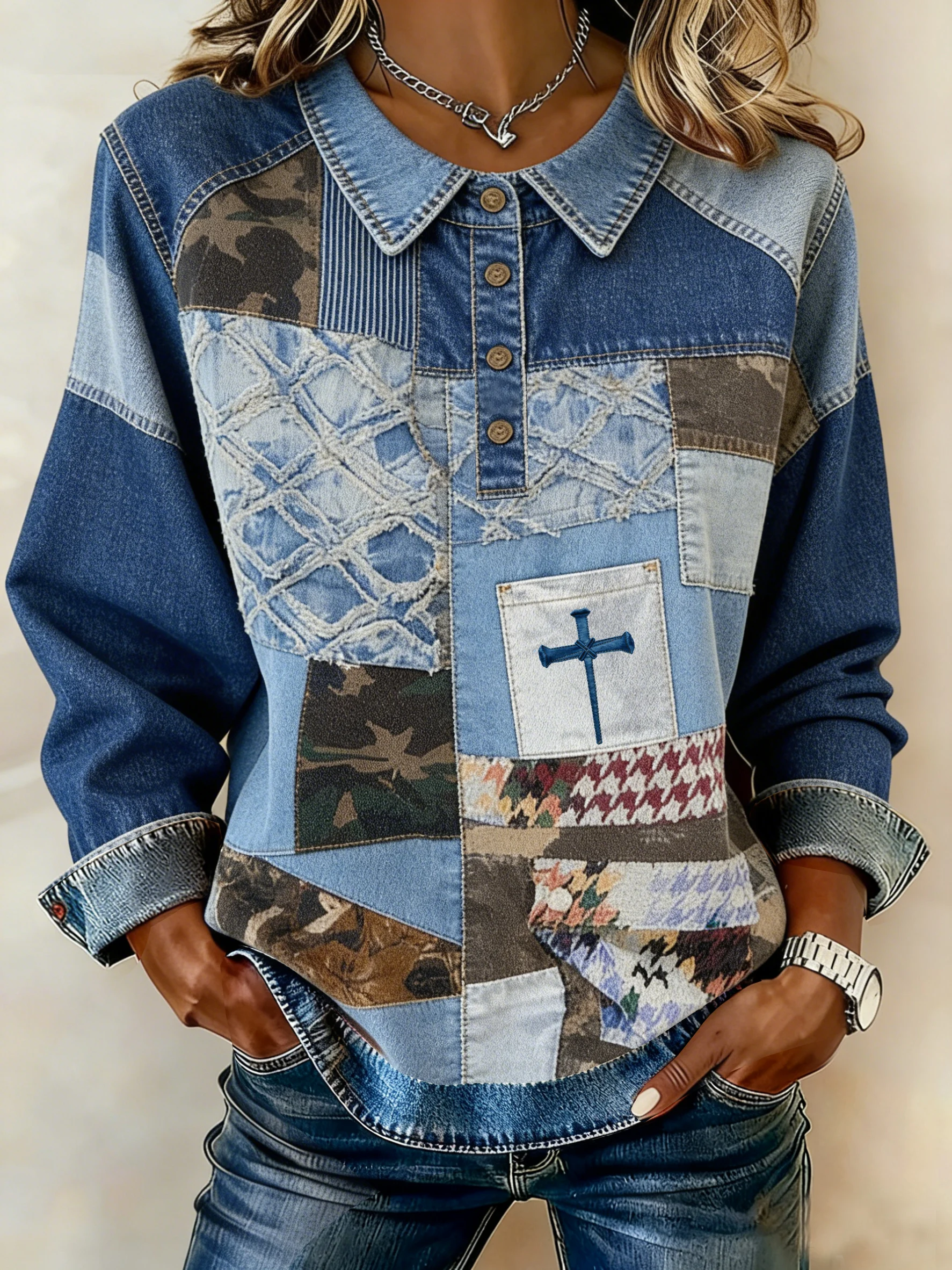 Women's Winter Faith Denim Contrast Print Round Neck Top-Fast Shipping