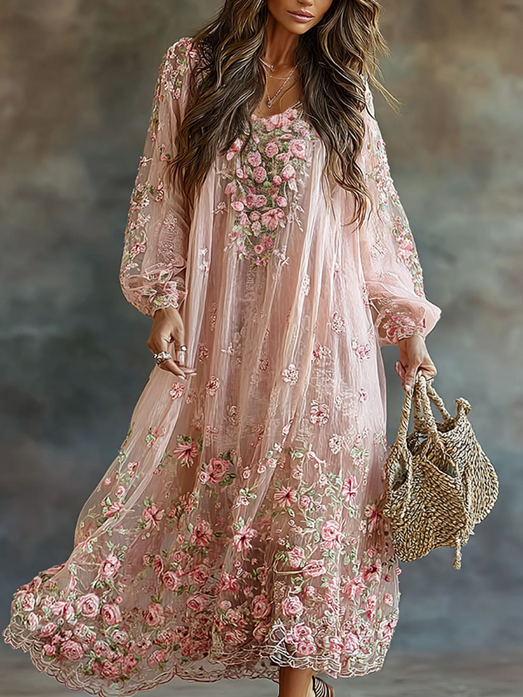 Women's Vintage Floral Art Flowy Linen Blend Casual Long Sleeve Maxi Dress