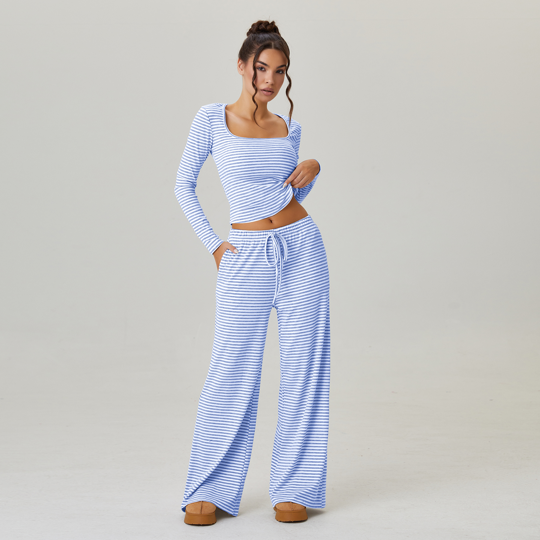 KatchMe Slouchy Stripe Long Sleeve Crop Top & Low-Rise Trousers Co-ord