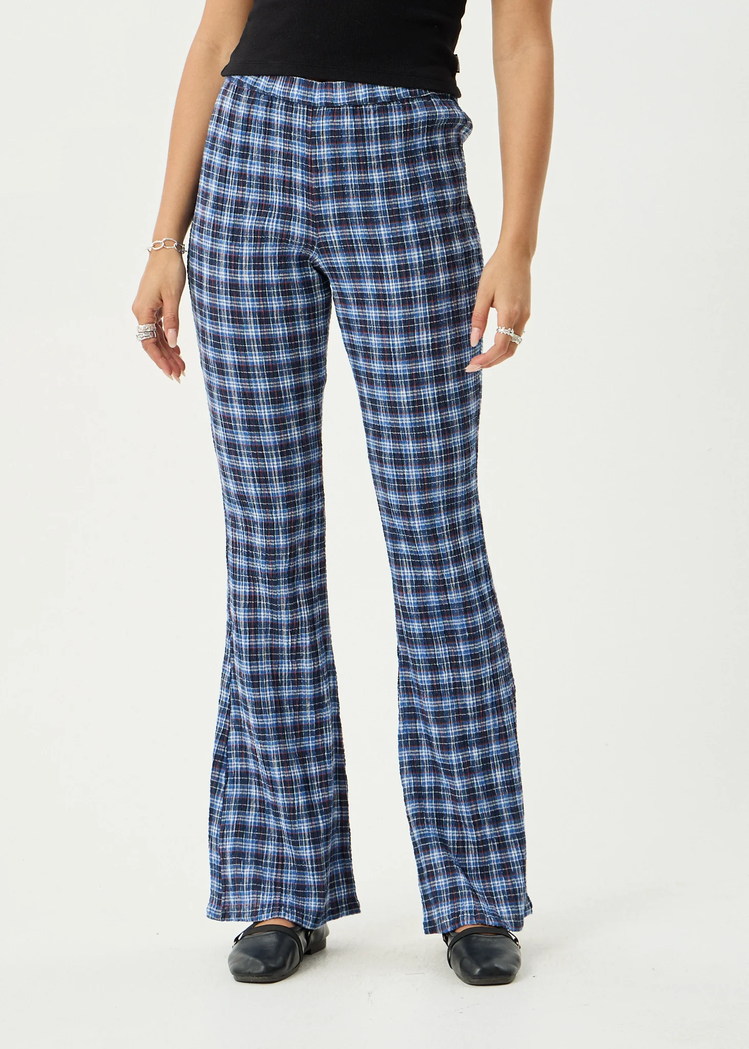 AFENDS Womens Mountains - Seersucker Flare Pant - Navy Red Check