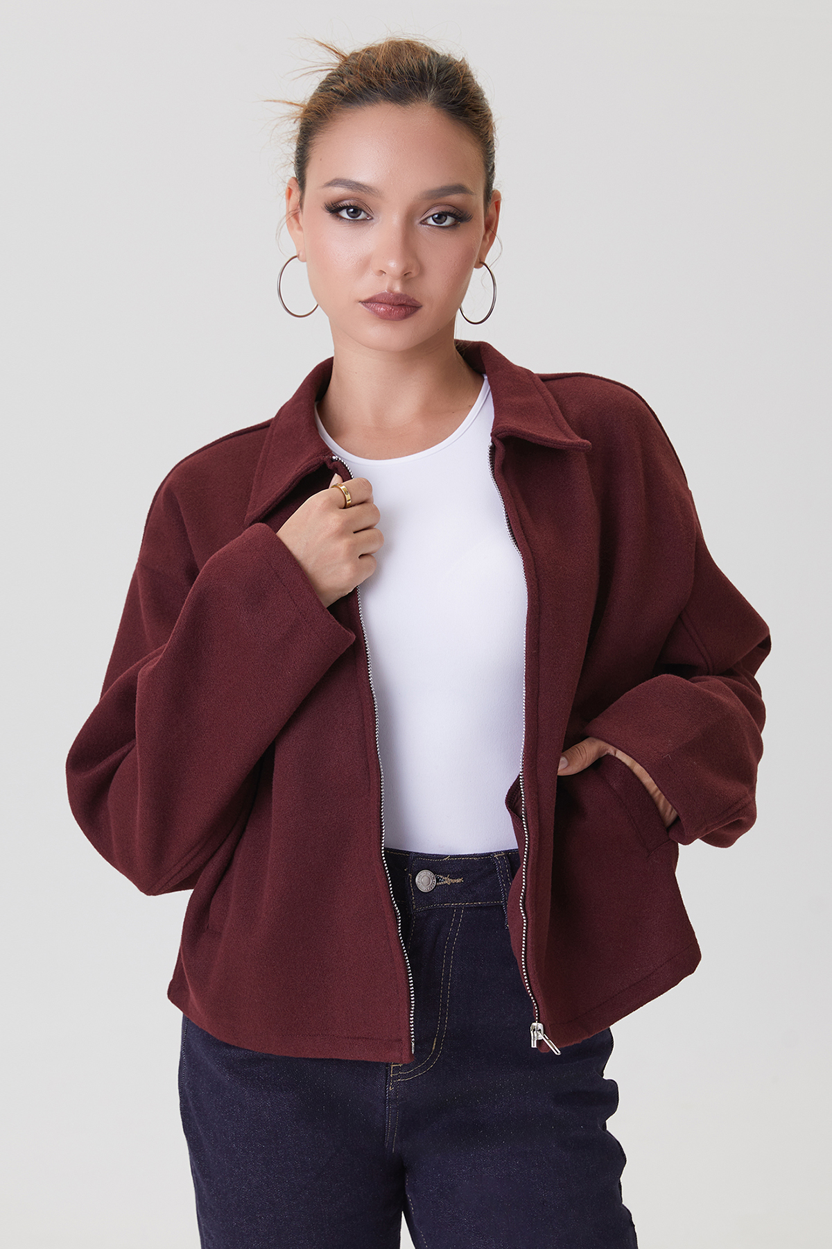 KatchMe Women's Basic Solid Color Collared Zipper Long Sleeve Cozy Outerwear, Versatile Side Pocket Cardigan for Fall & Winter, Comfortable Womenswear