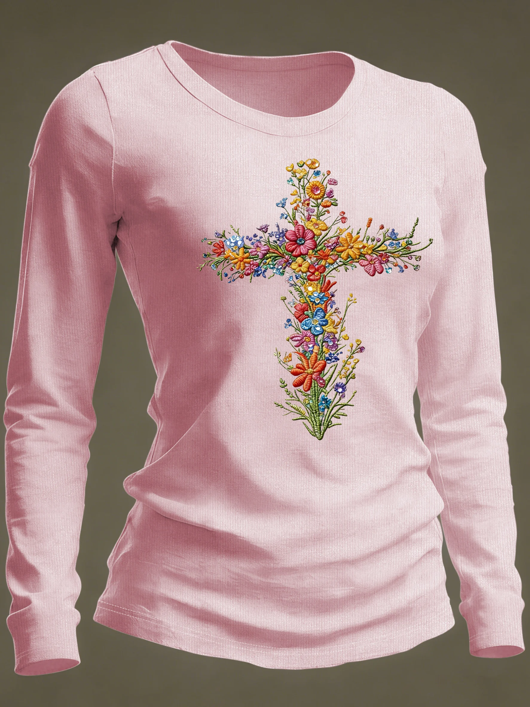 Women's casual floral cross long-sleeved T-shirt