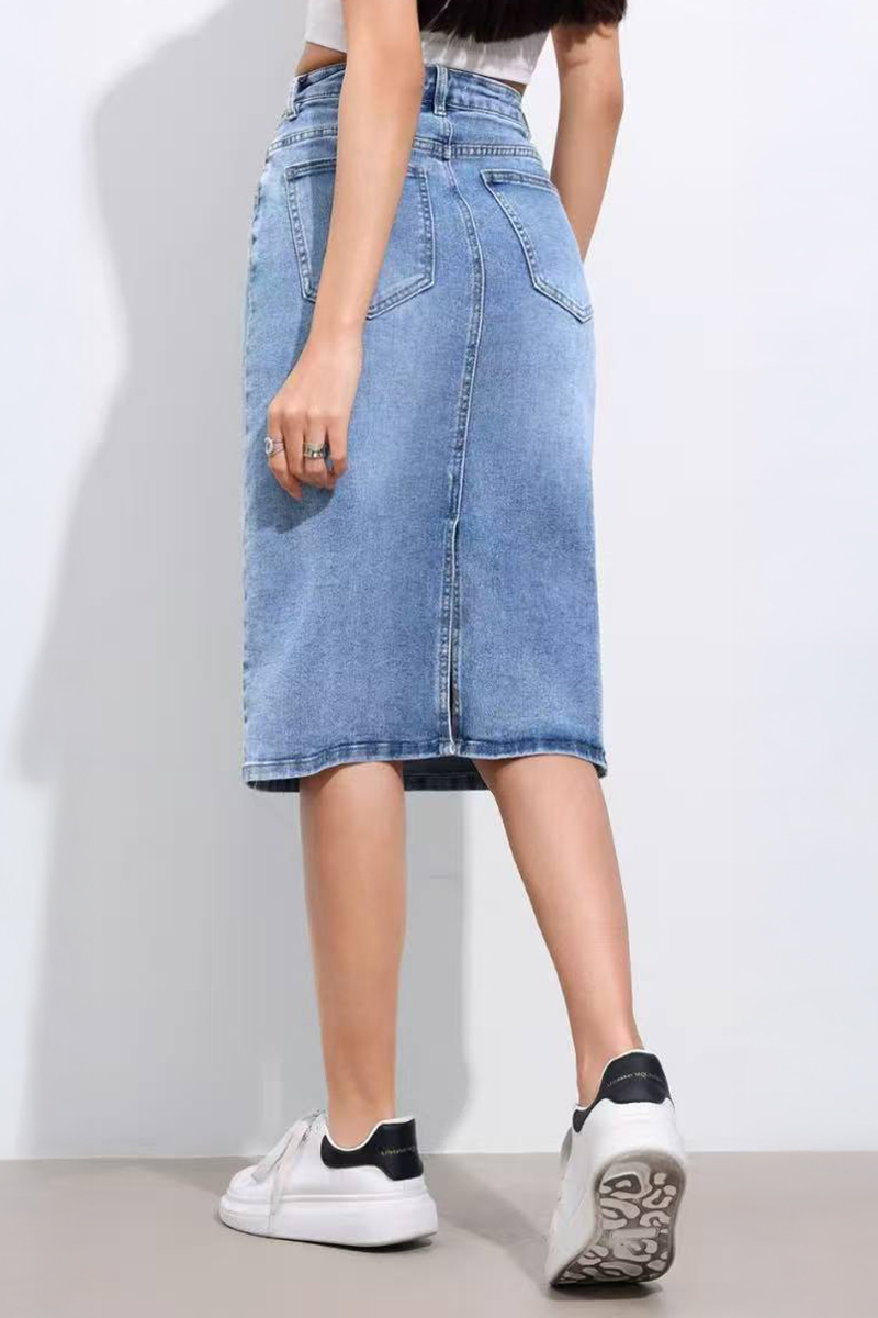 Versatile High Waist Multi-Pocket Asymmetric Button Denim Skirt