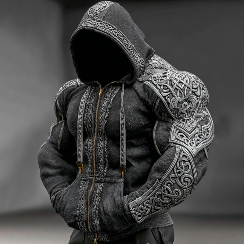 Retro Viking Celtic Knot Contrasting Embroidery Warm Hooded Jacket