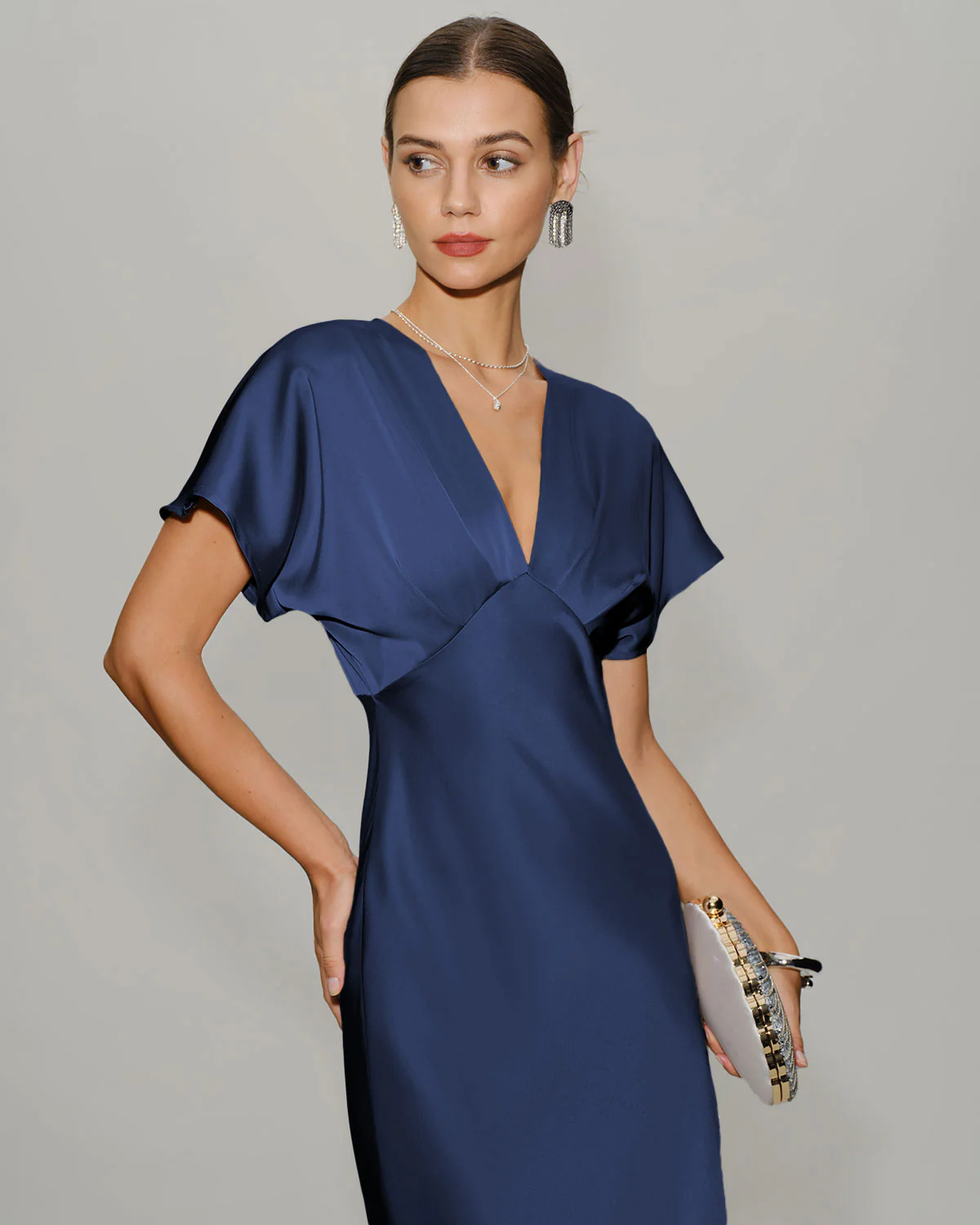 Navy Satin Cowl Sleeve Midi Dress