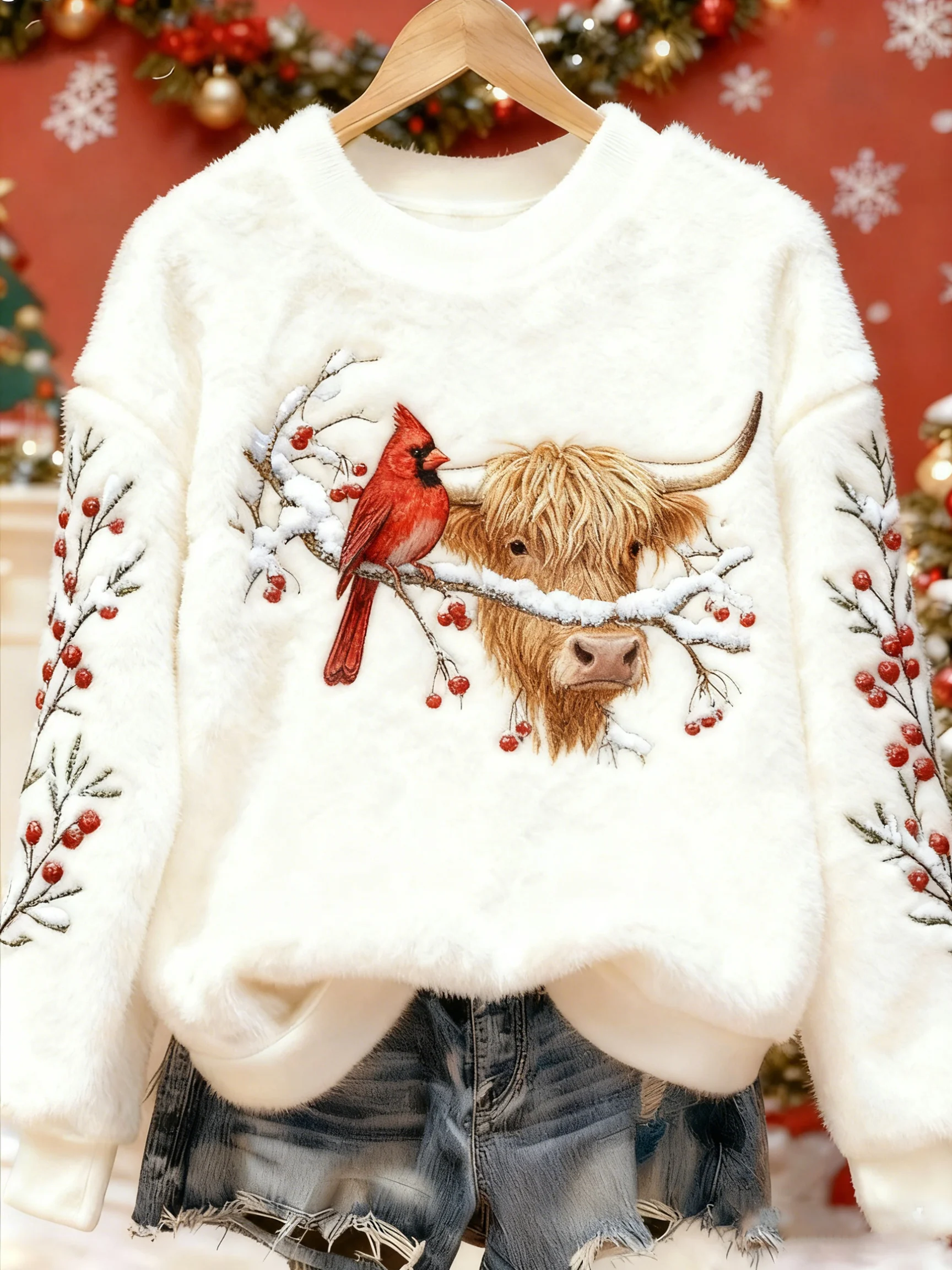 Women's Highland Cattle Print Flannel Sweatshirt