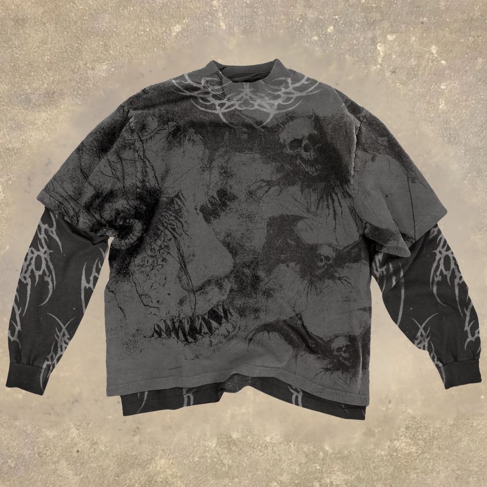Gothic Distorted Face & Skull Fake Two-Piece Shirt