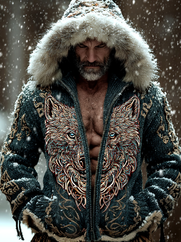 Men's Retro Viking Wolf Embroidered Print Hooded Jacket