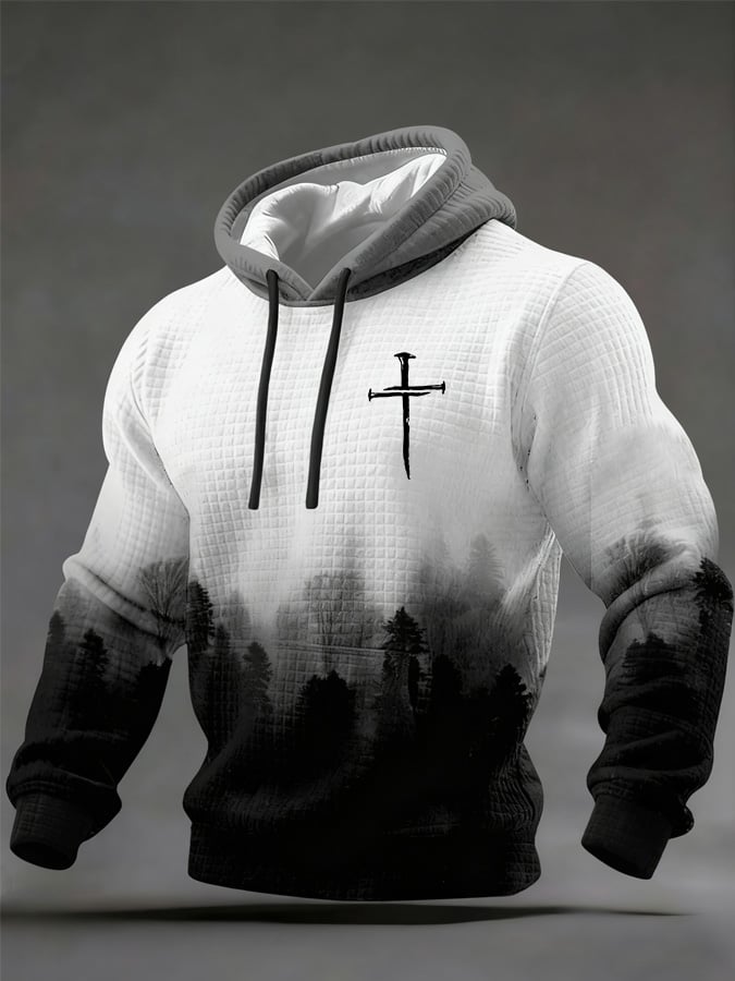 Men's Faith Print Checkered Fabric Hooded Sweatshirt