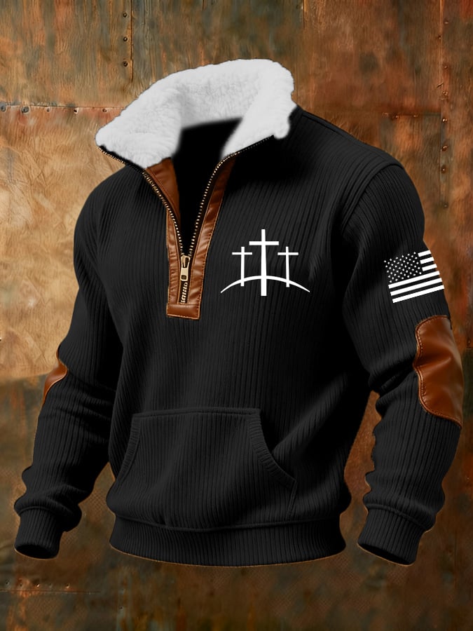 Men's Retro Faith Cross Jacquard Texture Design Zippered Fur Collar Pocket Patchwork Long-Sleeved Sweatshirt