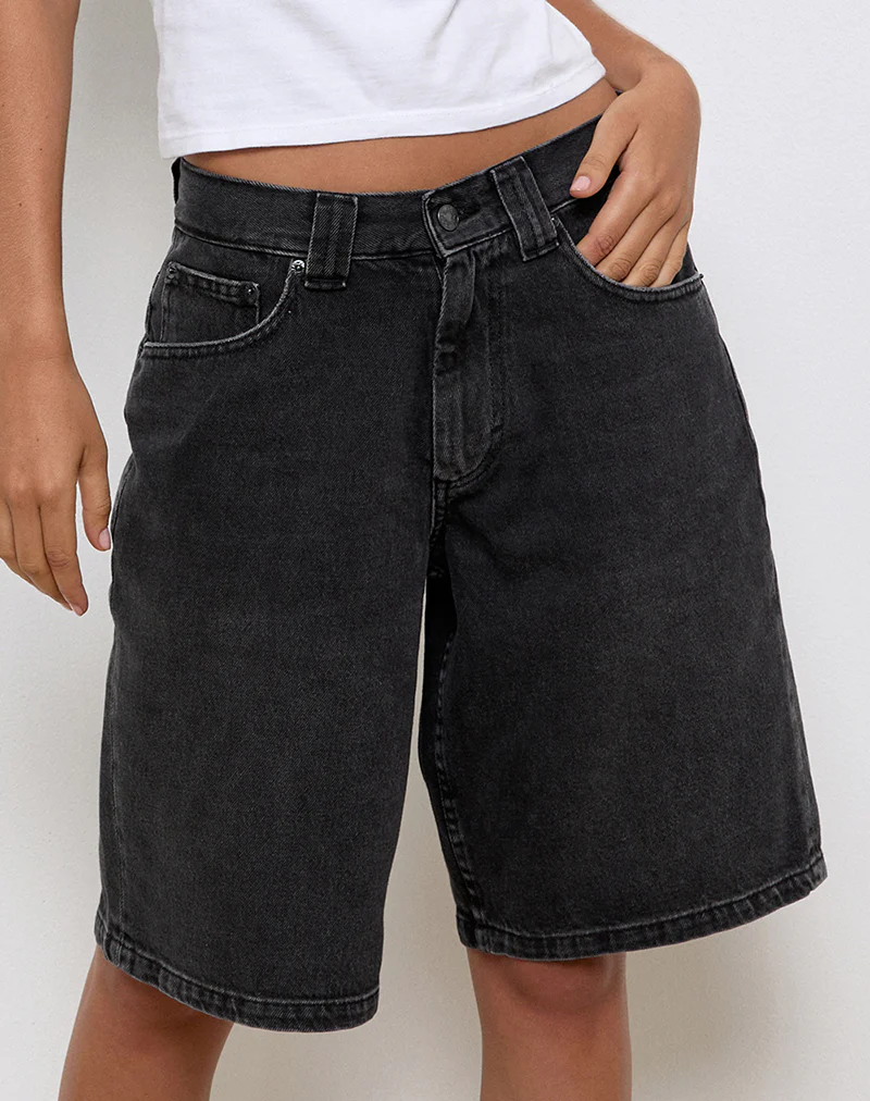 Low Rise Skater Shorts in Washed Black Grey Denim
