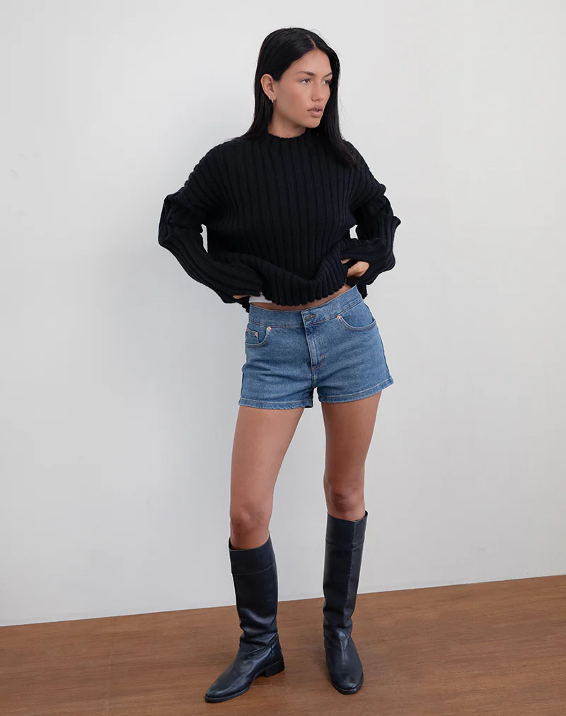 Low Rise Denim Hot Pants in Bay Blue