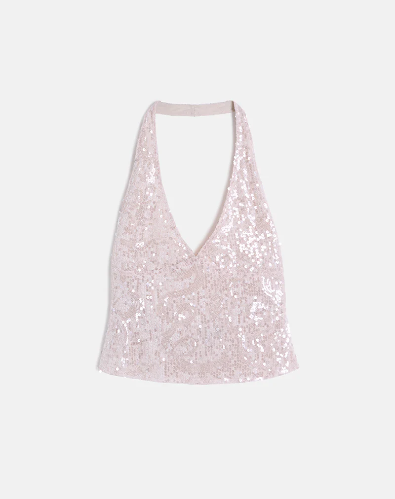 Cosio Halter Top in Sequin Baby Pink