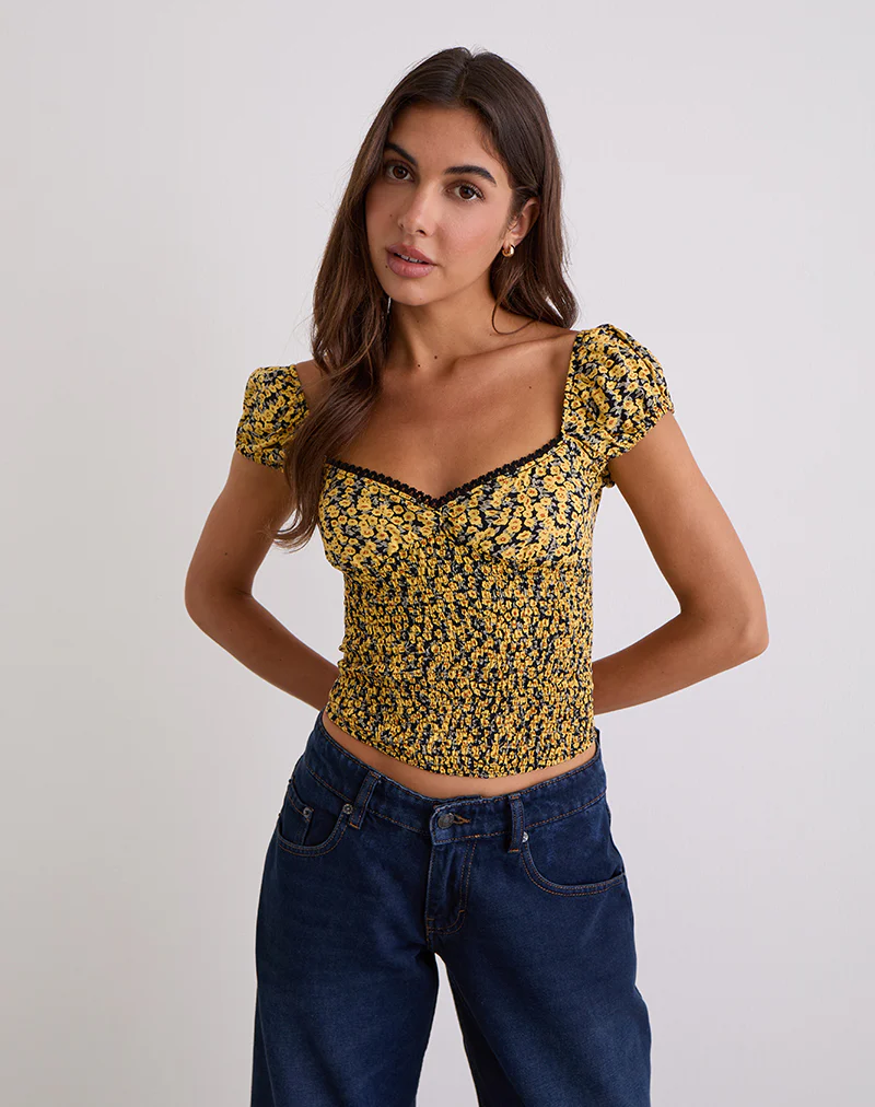 Shizu Cap Sleeve Top in Mini Bloom Yellow