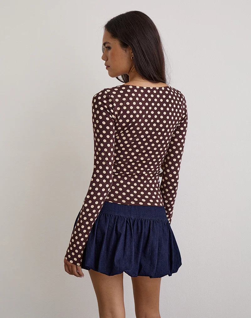 Rumini Long Sleeve Top in Brown with Small Polka Cream