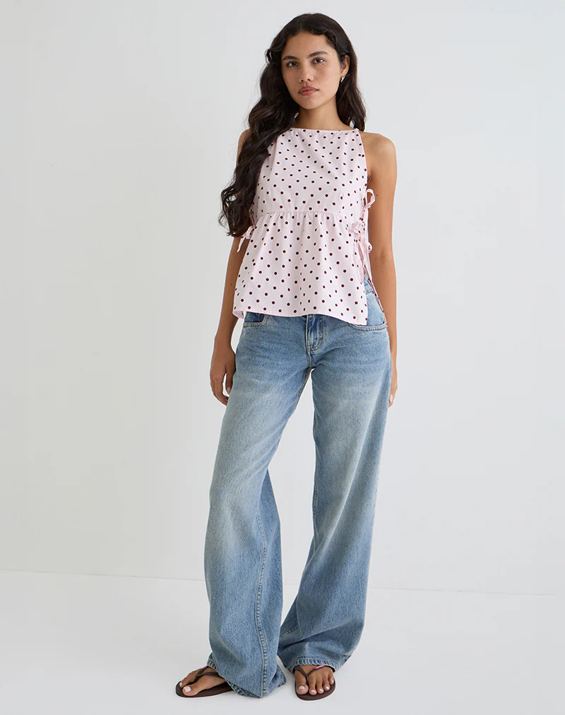 Palsi Tie Side Top in Pink with Medium Polka Red