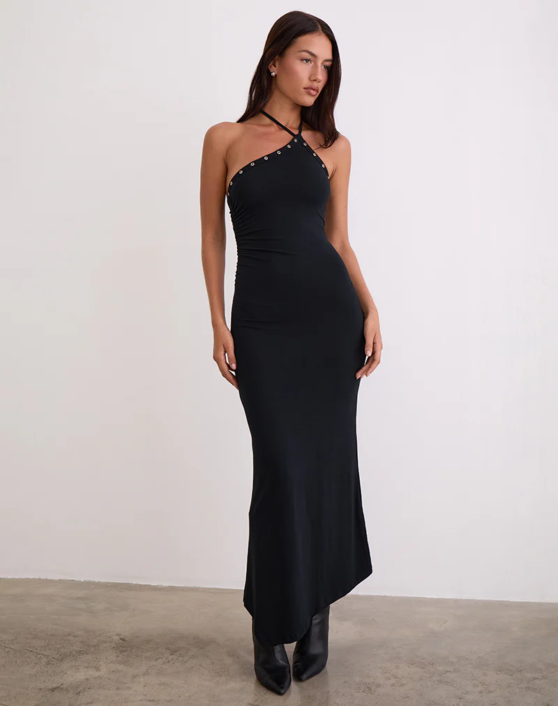 Ishikawa Asymmetrical Maxi Dress with Eyelets in Black