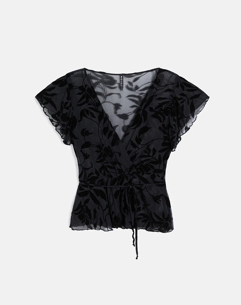 Giuliana Wrap Top in Flock Leaf Flower Black