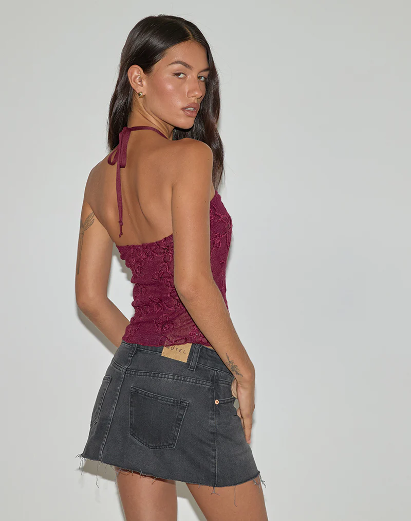 Ruwi Halter Top in Sequin Knit Burgundy