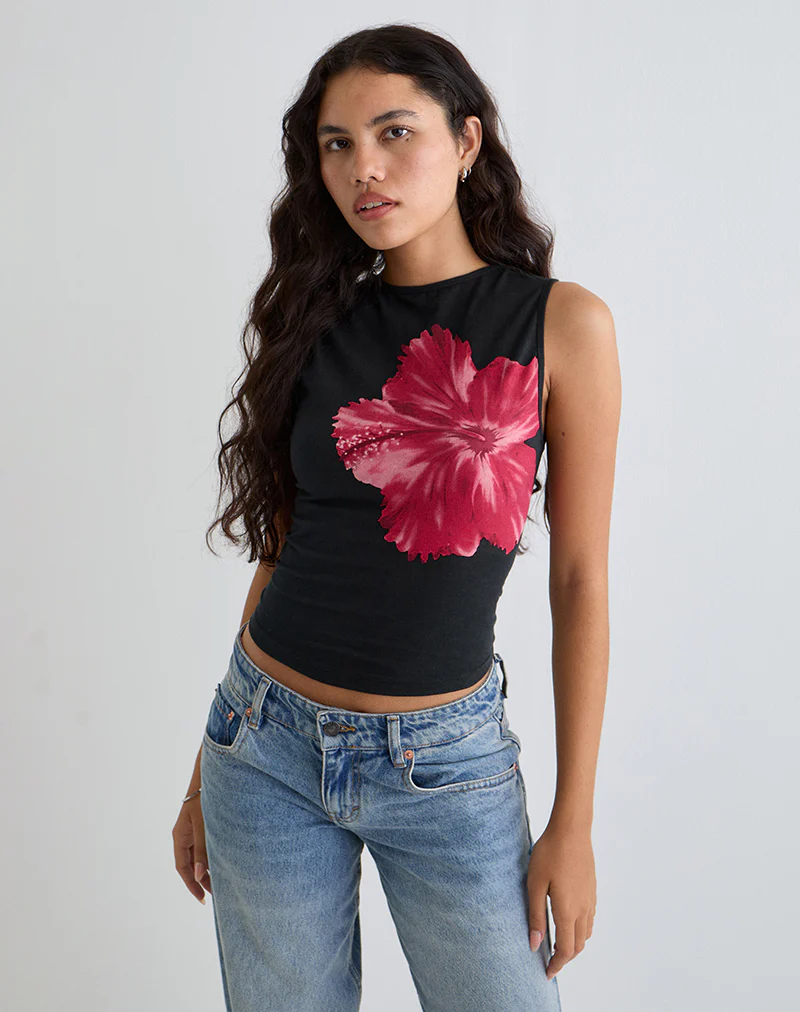 Leen Top in Black Hibiscus Flower Pink